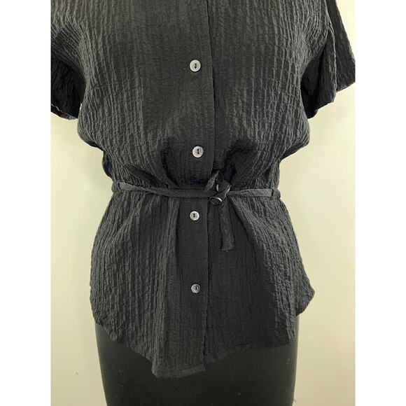 WOOLRICH Crinkle Black Short Sleeve Button-Down Tie Waist Women's Shirt S Small - Picture 3 of 9